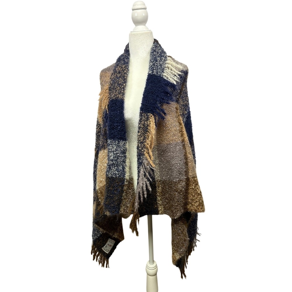 Dark Academia Avoca Womens OS Blue Brown Mohair Wool Plaid Fringe Wrap Shawl